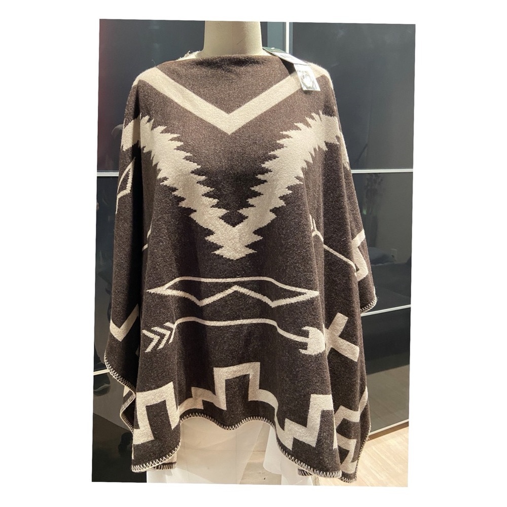 LRL Lambswool Blend Two-Ply Boiled Contrast Tribal Knit Poncho NWOT - Picture 15 of 15